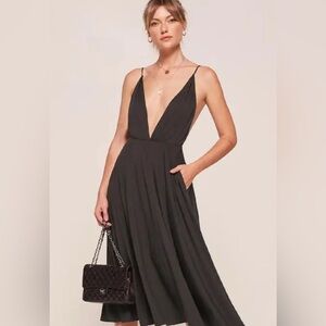 Reformation Black Plunge Midi Dress Open Back Strappy Sustainable Small